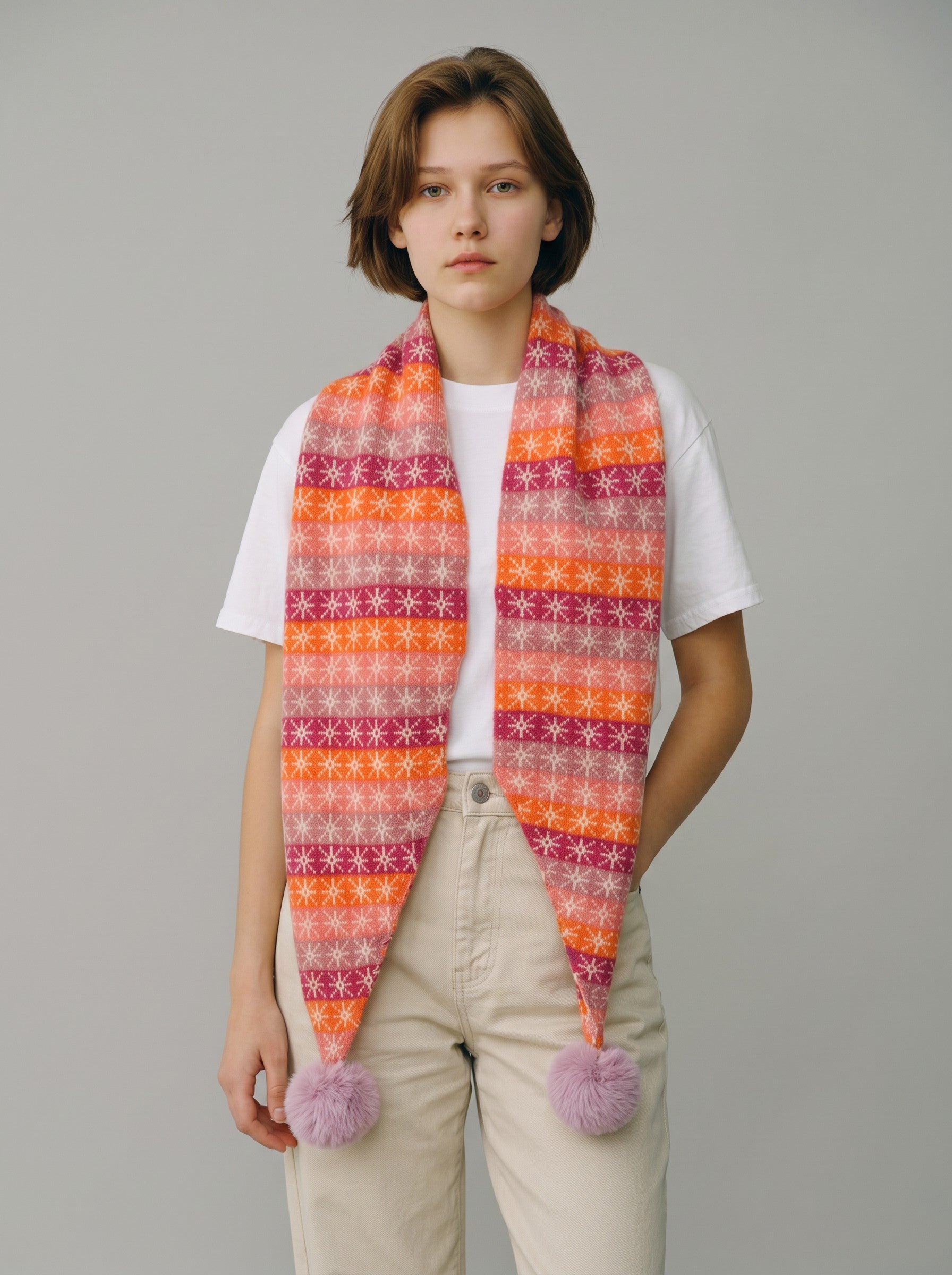 Color's Wholesale knit scarf in orange and pink with snowflake patterns and fluffy pom-poms worn by a young woman.