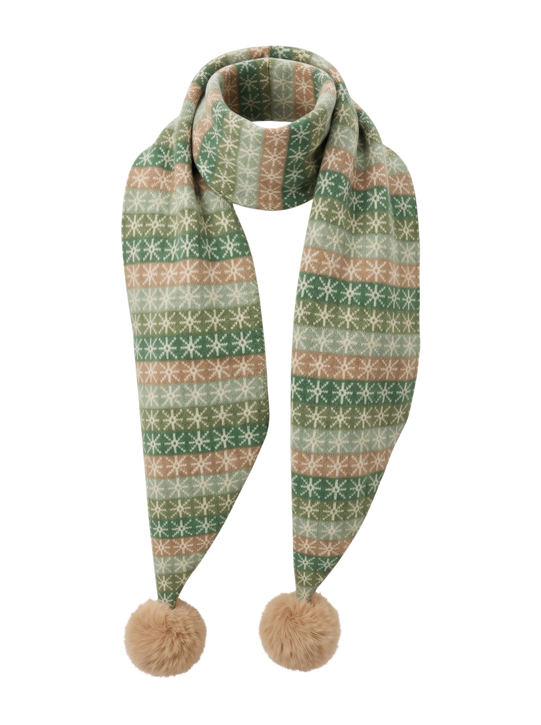 Color's Wholesale green and beige knit scarf with snowflake pattern and fluffy pom-poms made of chinlon and acrylic