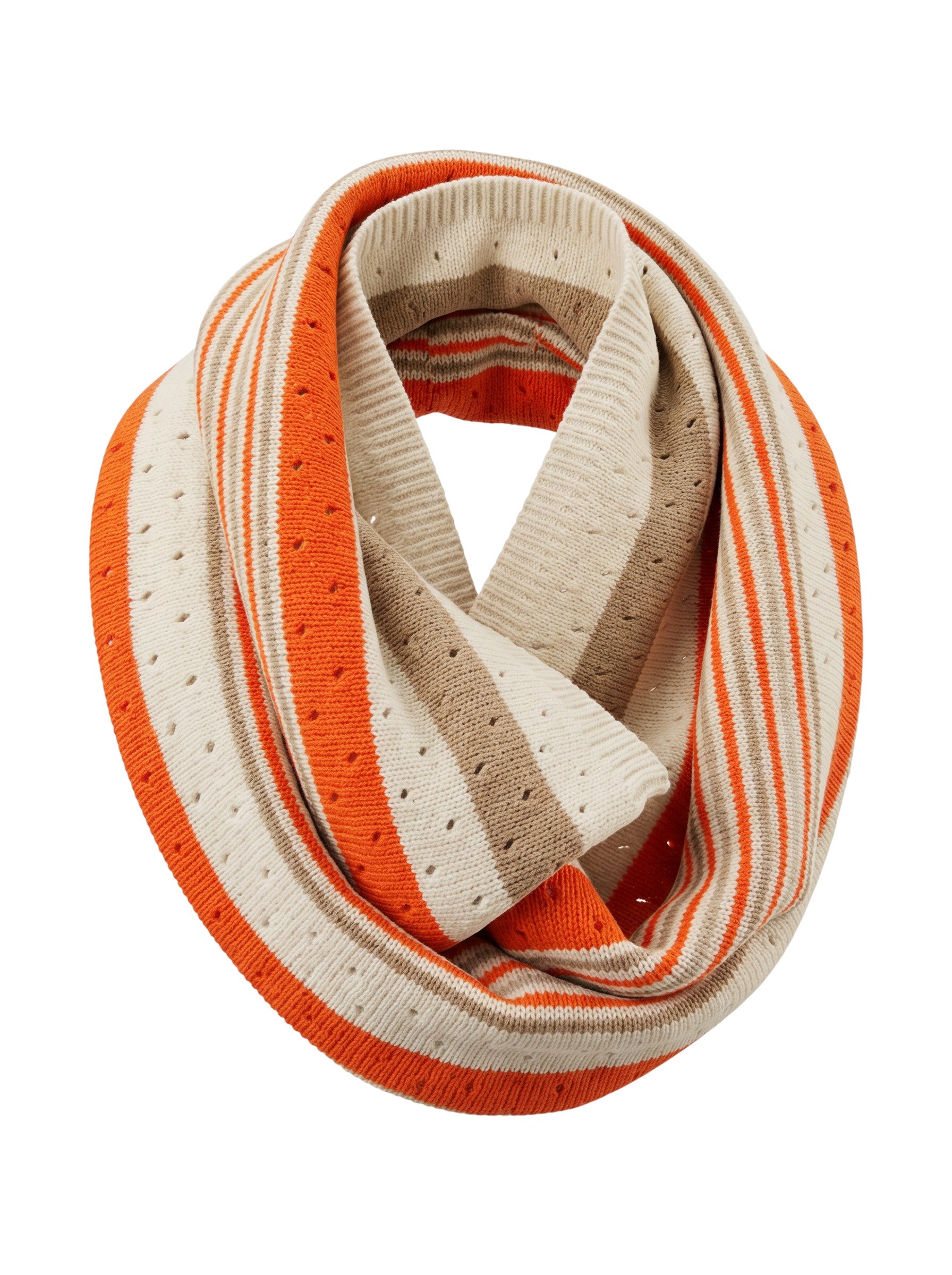 Color's Wholesale infinity scarf featuring orange, beige, and white stripes with a lightweight knit texture.