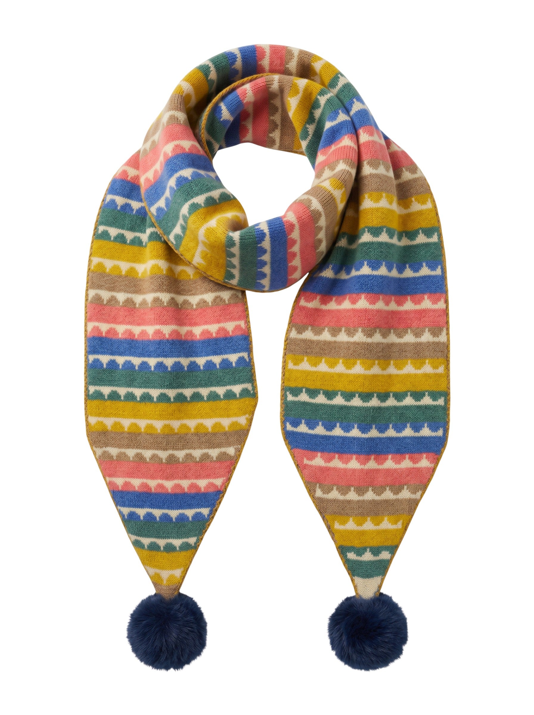 Color's Wholesale knit scarf featuring a colorful scalloped stripe pattern with navy blue pom-poms on the ends.