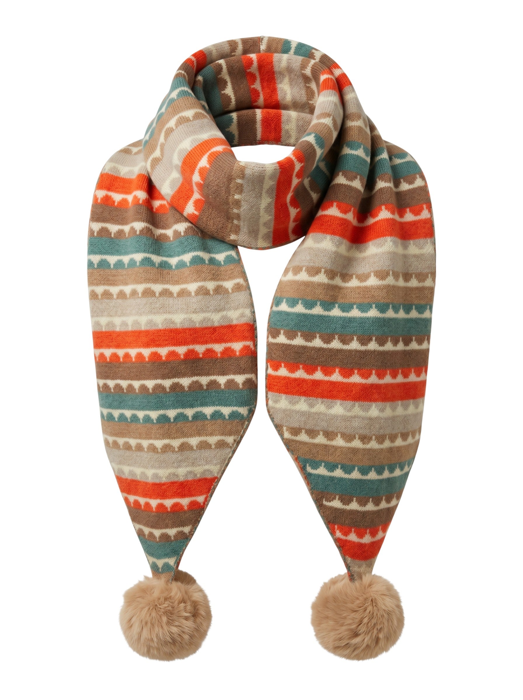 Color's Wholesale knit scarf featuring a multi-colored geometric stripe pattern and two soft pom-poms at the ends.