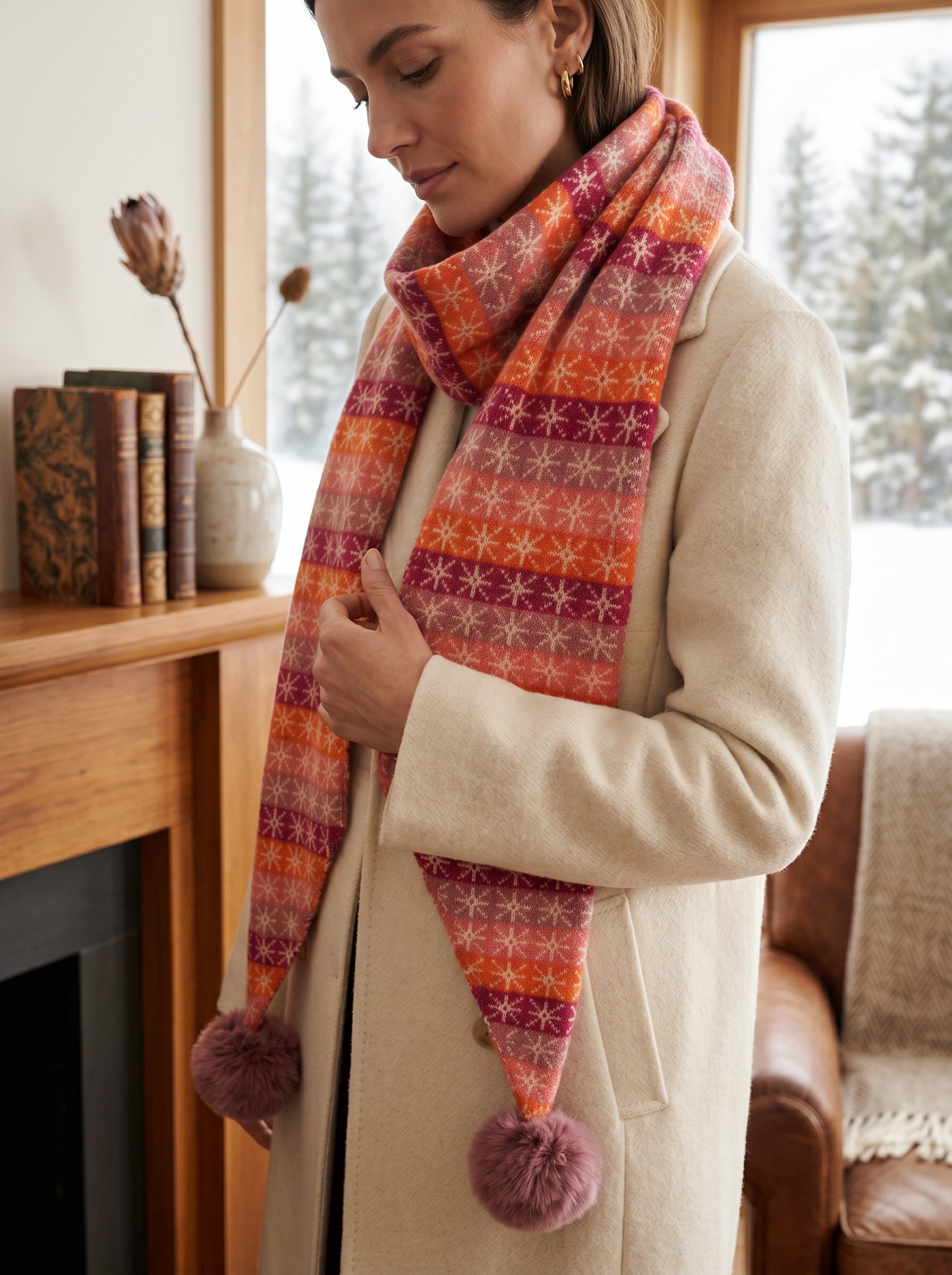 Color's Wholesale multi-colored striped winter scarf with snowflake patterns and mauve pom-poms worn by a woman