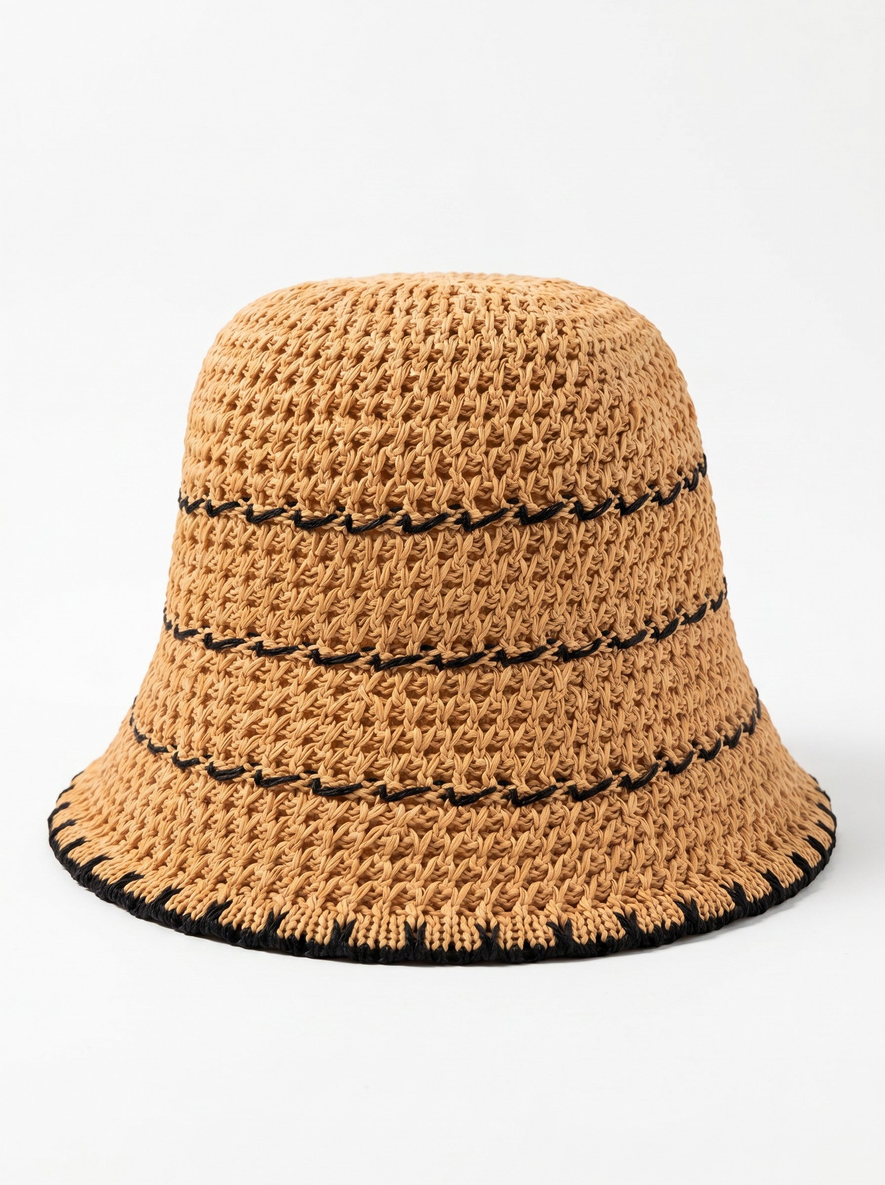 Color's Wholesale tan crocheted cotton bucket hat with black trim and decorative stitching.