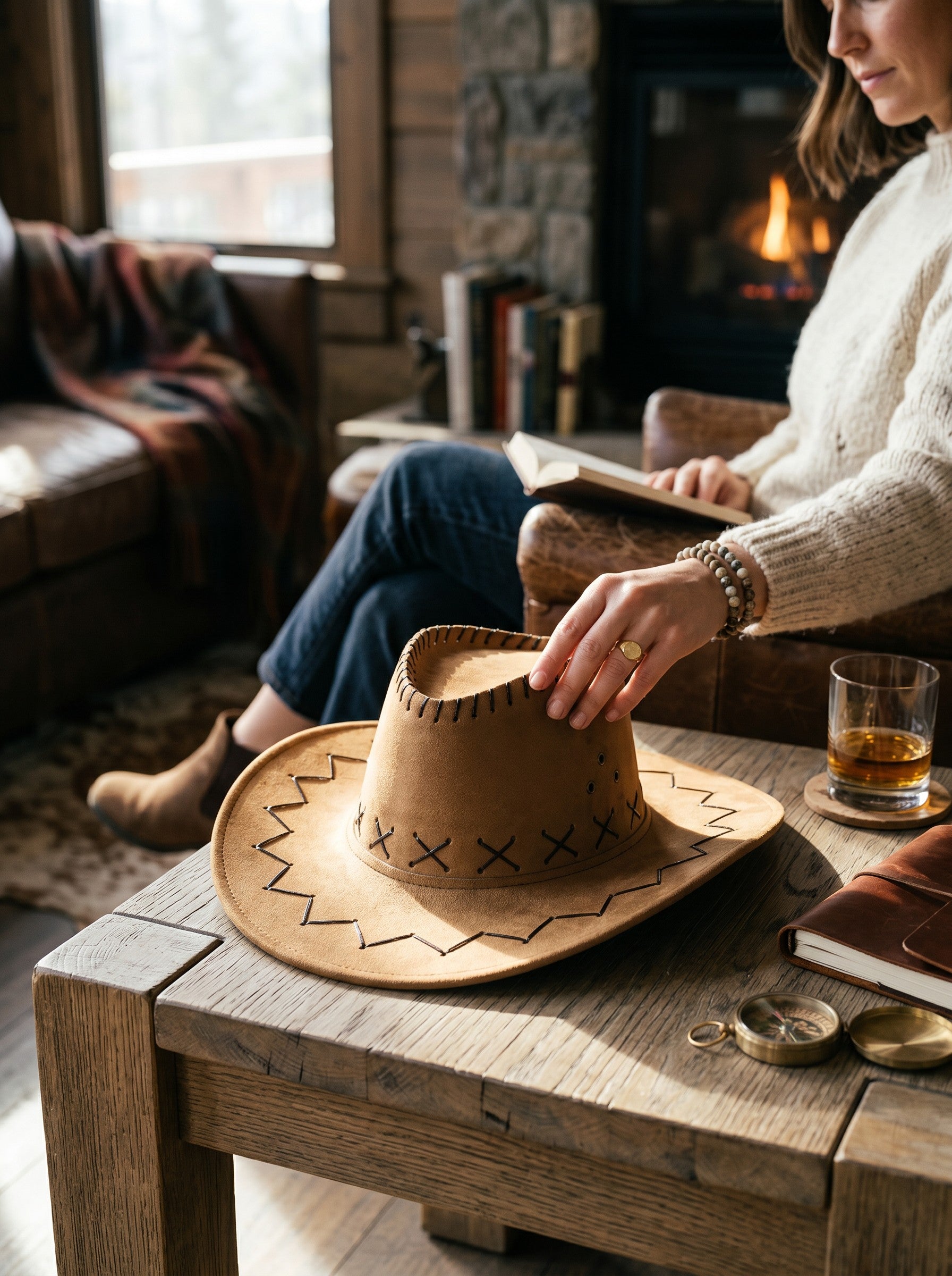 Color's Wholesale tan faux leather cowboy hat with decorative stitching, resting on a rustic wooden table.