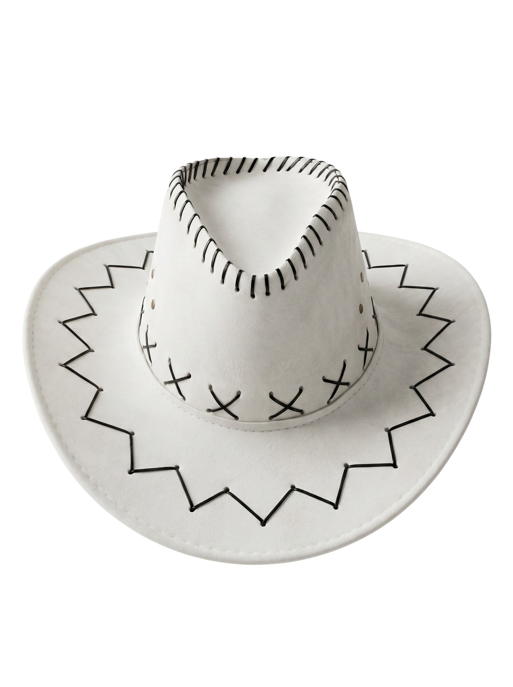 Color's Wholesale white faux leather cowboy hat with black zigzag stitching and 56cm fit.
