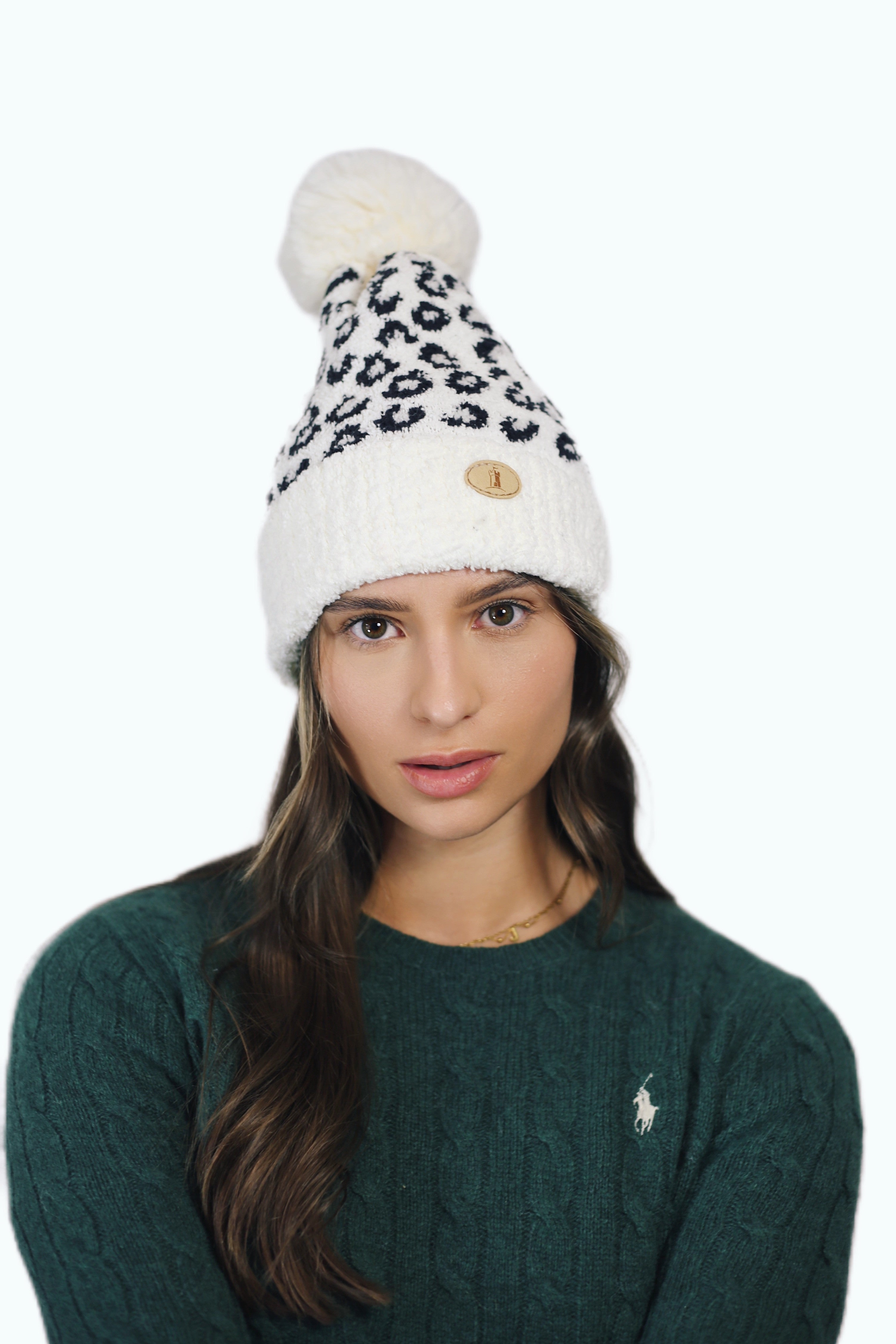 H00723 Leopard Print Hat and Glove Set White