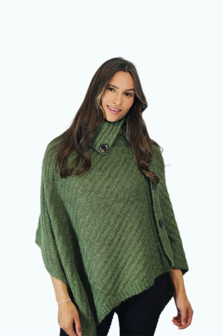 P006 Aran Cowl Neck Poncho Army Green One-size