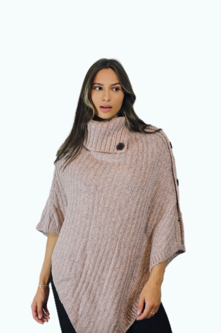 P006 Aran Cowl Neck Poncho Pink One-size