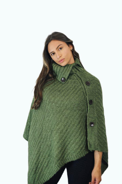 P006 Aran Cowl Neck Poncho Army Green One-size