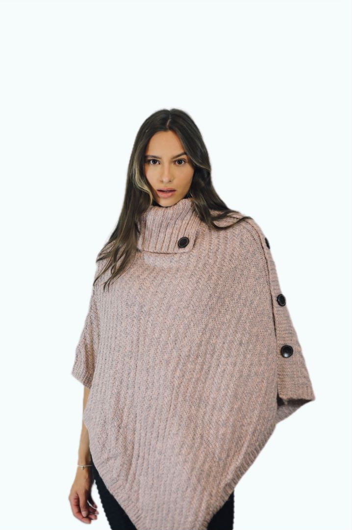 P006 Aran Cowl Neck Poncho Pink One-size