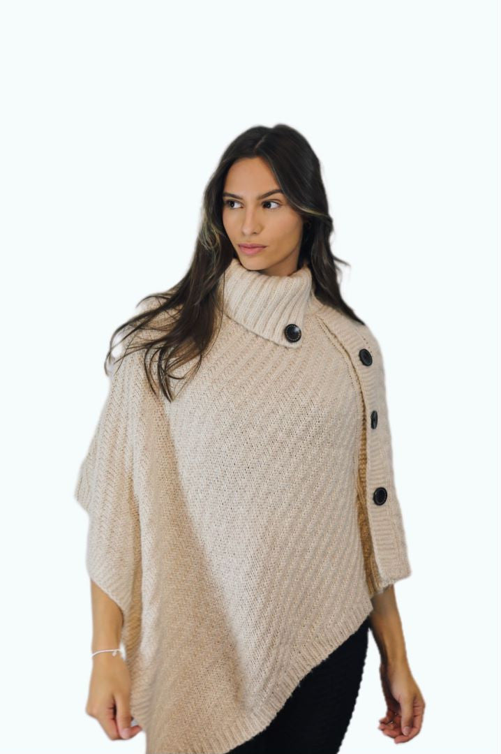 P006 Aran Cowl Neck Poncho Beige