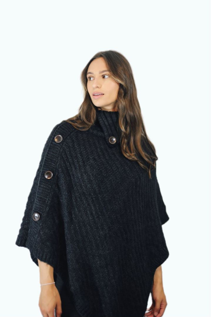 P006 Aran Cowl Neck Poncho Black One-size