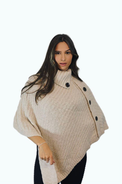 P006 Aran Cowl Neck Poncho Beige